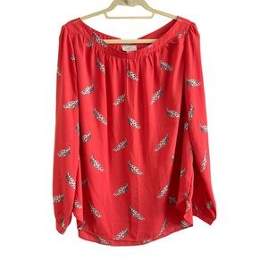 Loft Outlet Novelty Print Peacocks Long Sleeve Top Peach Orange Boat Neck XL